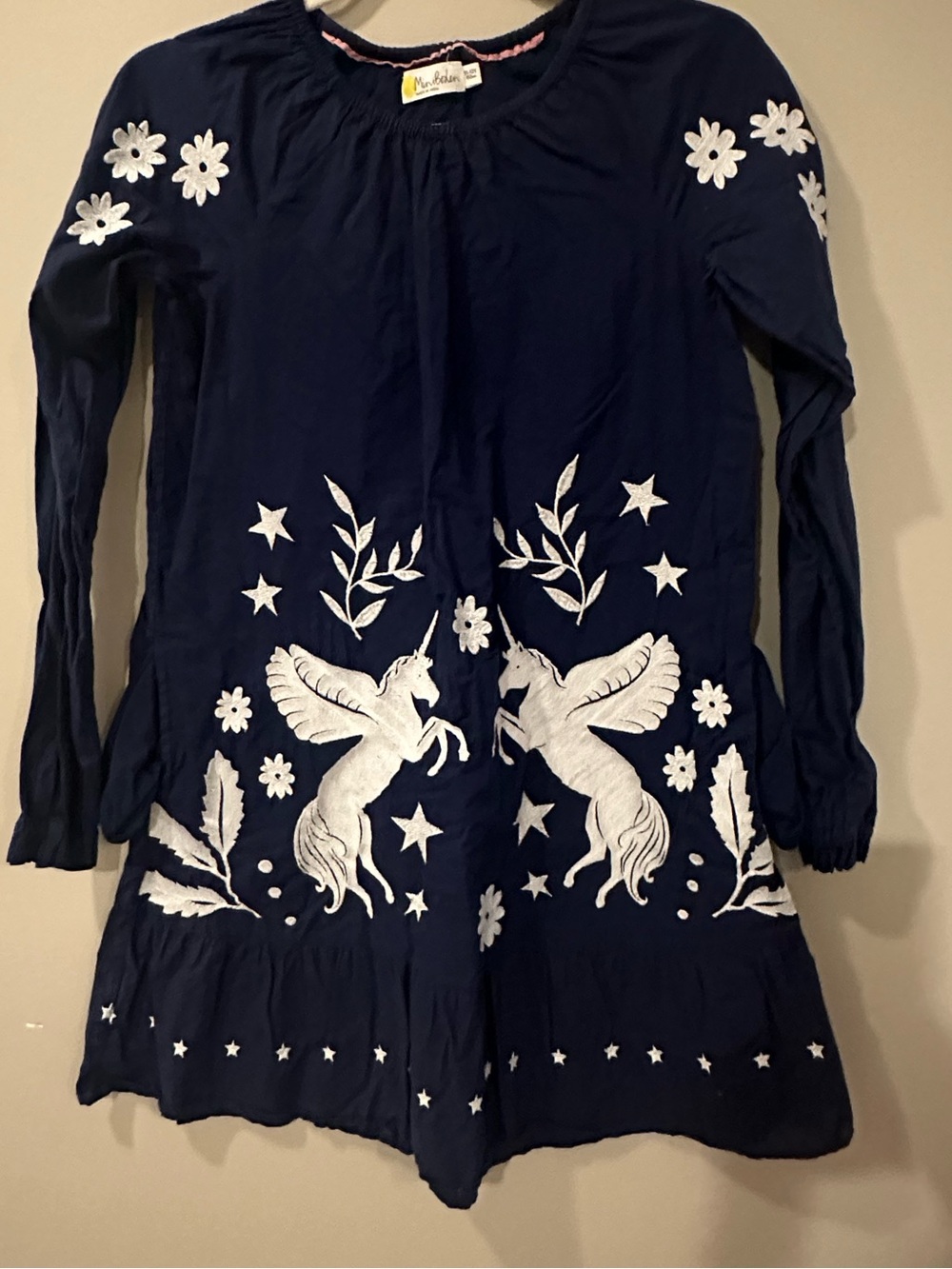 Mini Boden Navy Dress with white embroidery featuring a Unicorn Sz 11/12
